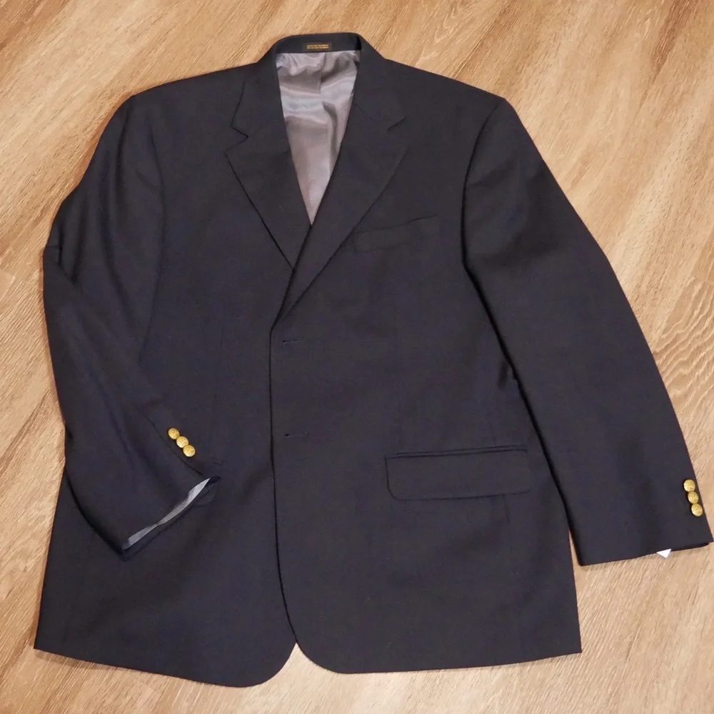 Stafford Mens Navy Blue Blazer‎ Gold Crest Buttons Wool Blend Suit Jacket 44S